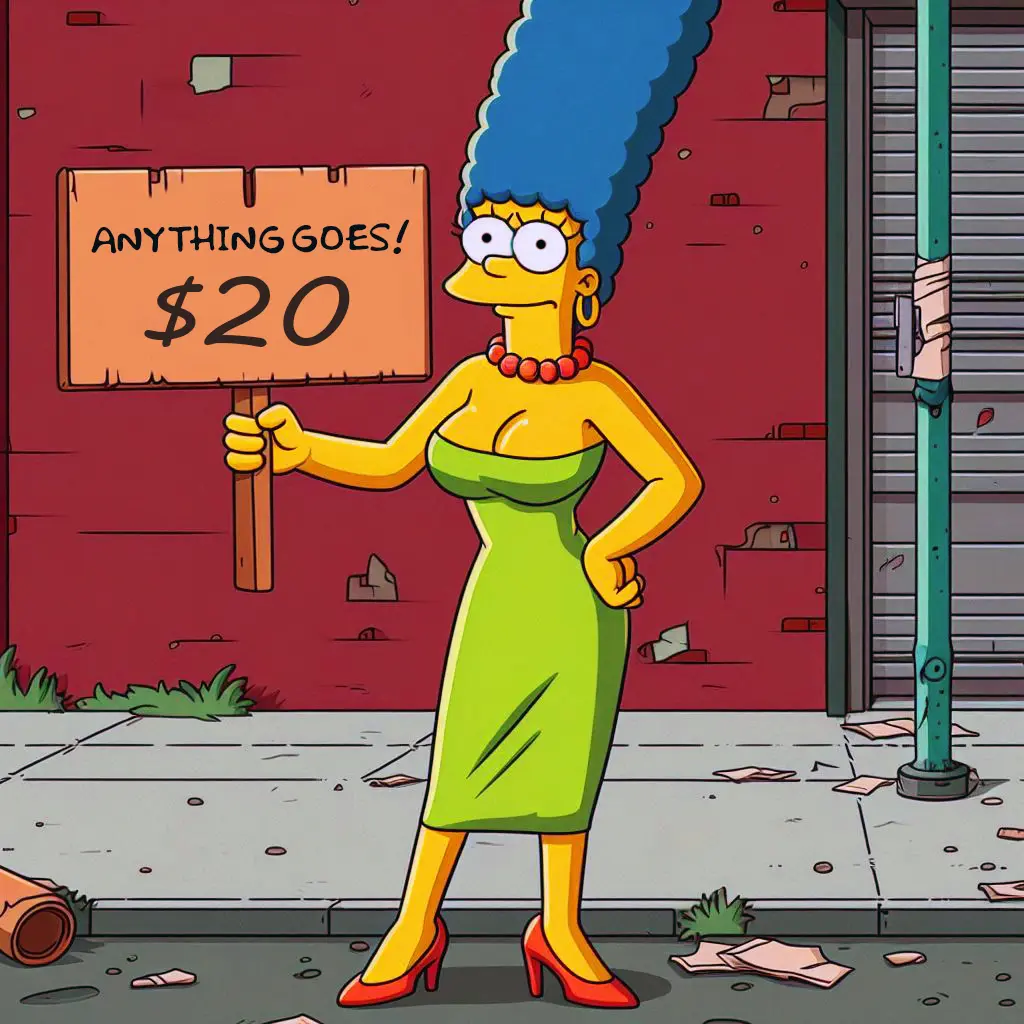 Image clothed,clothing,female,female_only,looking_at_viewer,blue_hair,milf,ai_generated,clothed_female,dress,pose,hand_on_hip,public,heels,high_heels,outside,fully_clothed,street,city,prostitution,marge_simpson,the_simpsons,sign,green_dress,red_necklace,beehive_hairdo,matt_groening_(style),holding_sign,price,fundraiser,street_corner
