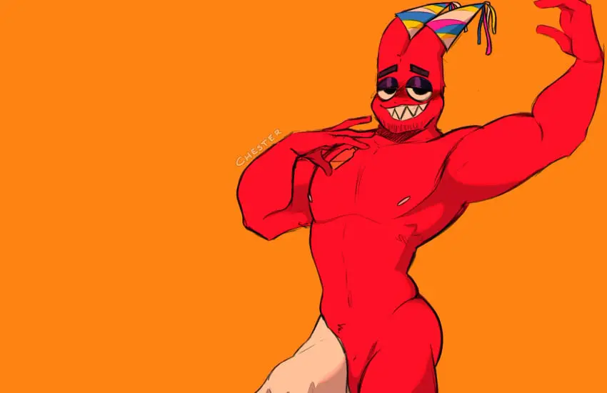 Image clothing,hi_res,nipples,smile,solo,male,nude,hat,humanoid,headwear,muscular,headgear,teeth,monster,sharp_teeth,red_skin,towel,non-human,signature,red_body,non-human_only,towel_only,earless,party_hat,garten_of_banban,banban_(garten_of_banban),chesterafton,garten_of_peakpeak