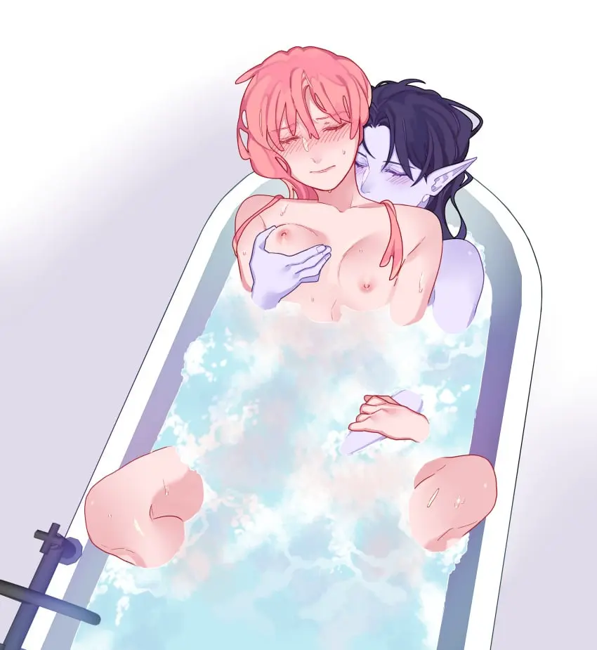 Image blush,breasts,female,highres,long_hair,nipples,2girls,multiple_girls,color,pink_hair,gradient_background,purple_skin,completely_nude,spread_legs,pointy_ears,canon_couple,closed_eyes,looking_pleasured,vampire,romantic,romantic_couple,straddling,yuri,fingering,breast_grab,purple_body,grey_background,groping,arm_grab,pink_body,pink_skin,fingering_partner,adventure_time,bathing,translucent,groping_breasts,groping_from_behind,transparent_background,alpha_channel,bath,princess_bubblegum,marceline,implied_fingering,kissing_neck,holding_another's_arm,curryuku
