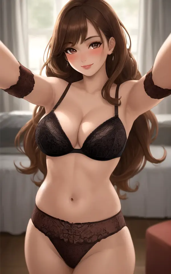 Image brown_eyes,female,long_hair,looking_at_viewer,panties,smiling,ai_generated,lingerie,original,brown_hair,bed,pov_eye_contact,selfie,lipstick,window,blushing,black_bra,ai_generated_background,brown_panties,anylora_(ai_style)