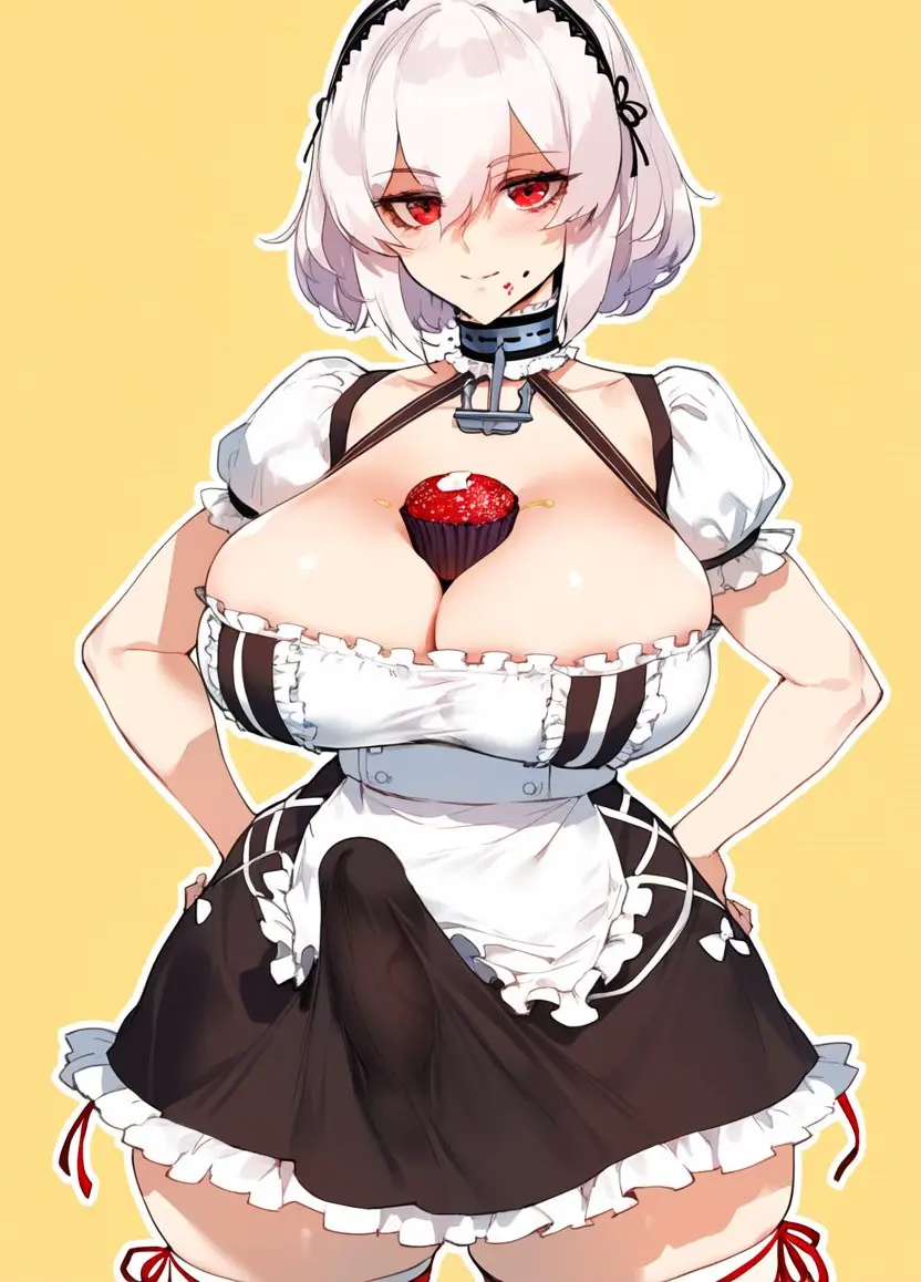 Image 1girls,blush,breasts,female,large_breasts,looking_at_viewer,red_eyes,simple_background,smile,solo,white_hair,bangs,short_hair,thighhighs,white_legwear,choker,thighs,1futa,futanari,intersex,ai_generated,cleavage,collarbone,eyebrows_visible_through_hair,hairband,yellow_background,dress,hand_on_hip,erection_under_clothes,hair_between_eyes,closed_mouth,short_sleeves,heart,apron,azur_lane,puffy_sleeves,white_apron,food,fruit,waist_apron,maid_apron,side-tie_panties,frills,frilled_apron,chocolate,puffy_short_sleeves,frilled_choker,racerai,rac3rrr,anchor_choker,sirius_(azur_lane),lace-trimmed_hairband