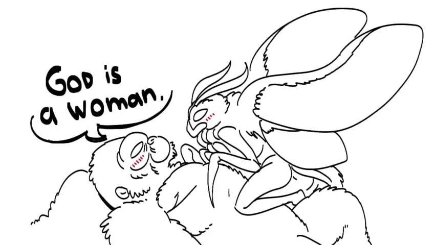 Image female,male,black_and_white,female_on_top,male_on_bottom,text_bubble,cheating_wife,mothra,mothra_(series),toho,king_kong_(series),king_kong,suii_nsfw