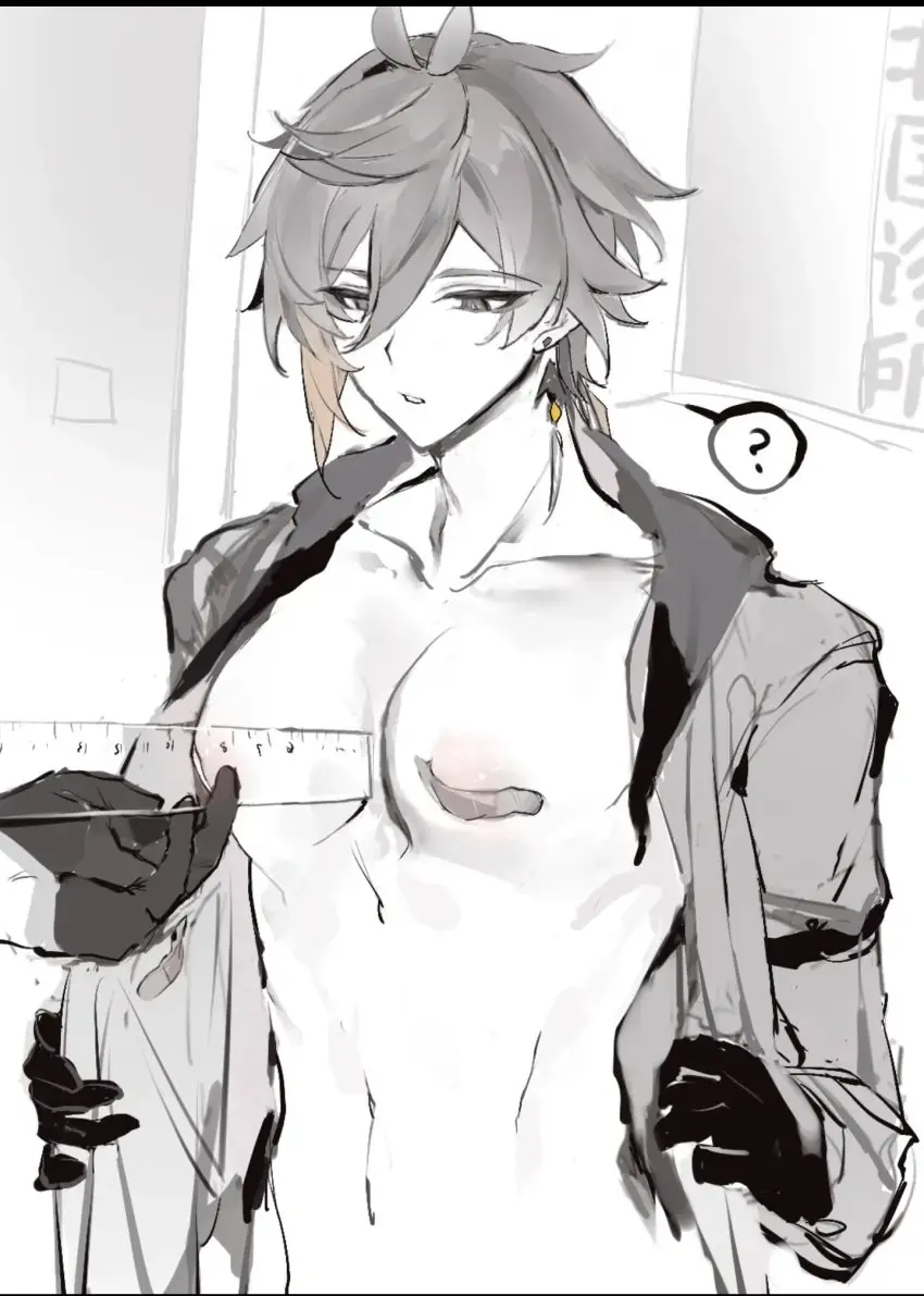 Image breasts,breasts_out,open_clothes,open_shirt,white_background,male,2boys,male_only,yaoi,genshin_impact,monochrome,multiple_boys,male_focus,?,speech_bubble,greyscale,bandaid,zhongli_(genshin_impact),childe_(genshin_impact),tartaglia_(genshin_impact),ruler,chisongchuan1,山庭