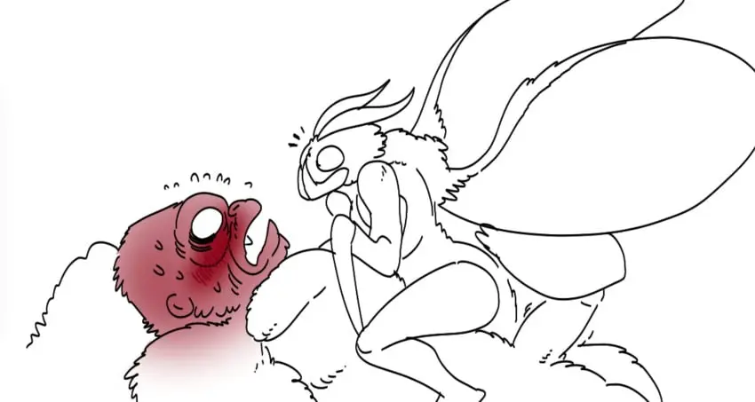 Image blush,female,male,erection,female_on_top,male_on_bottom,text_bubble,blushing_male,partially_colored,mothra,mothra_(series),blushing_at_partner,toho,king_kong_(series),king_kong,suii_nsfw