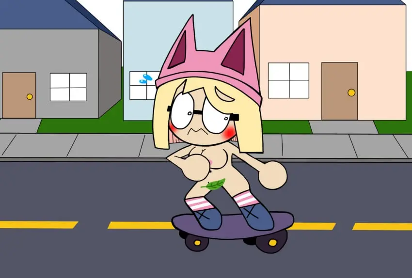 Image blush,female,nude,hat,embarrassed,glasses,nude_female,blonde_hair,naked,naked_female,embarrassed_nude_female,leaf,blonde,enf,skateboard,leaf_on_crotch,kakaswbehdu