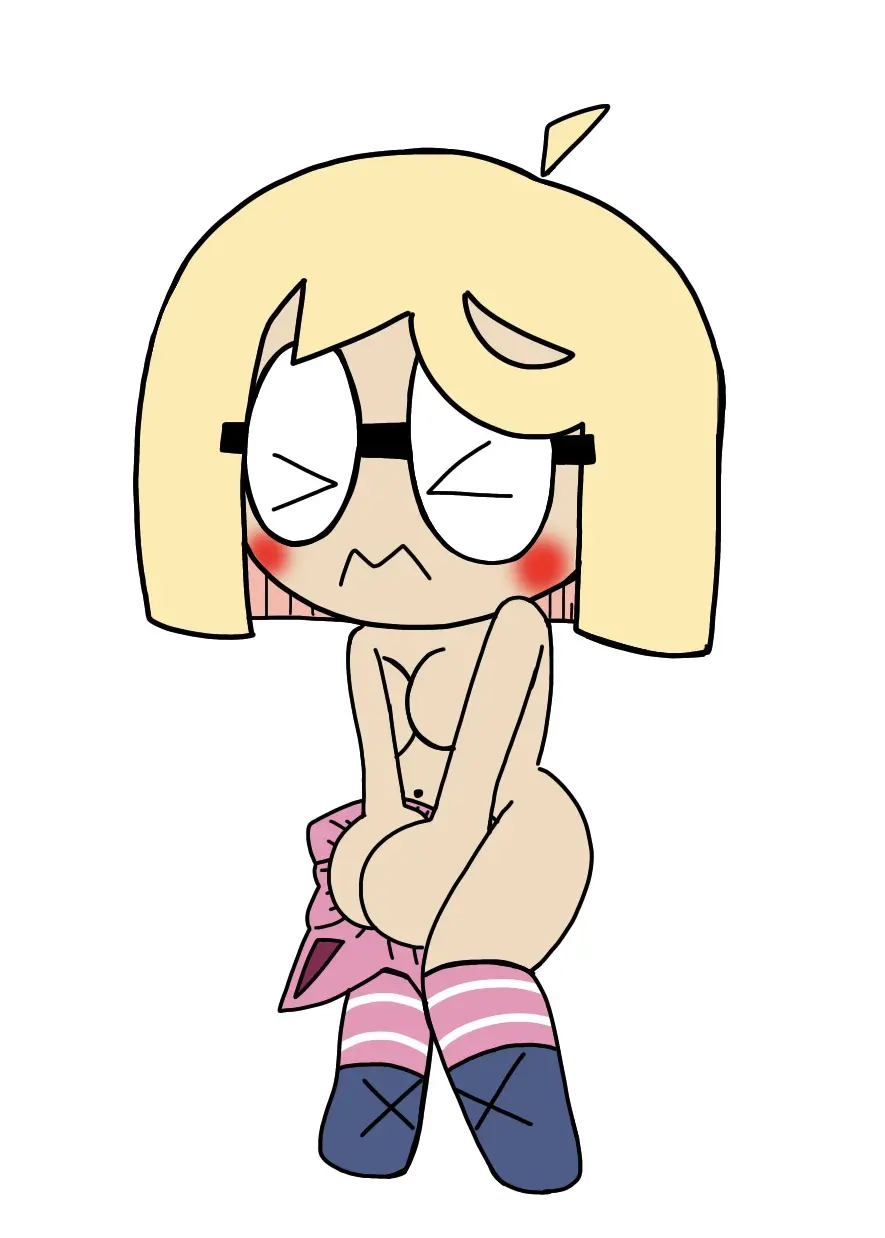 Image blush,breasts,female,nude,hat,embarrassed,glasses,nude_female,blonde_hair,naked,naked_female,covering,covering_breasts,covering_crotch,embarrassed_nude_female,blonde,enf,kakaswbehdu