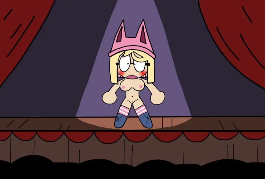 Image blush,breasts,female,nipples,nude,pussy,boobs,hat,vagina,glasses,nude_female,blonde_hair,naked,naked_female,stage,mostly_nude,blushing,crowd_watching,mostly_nude_female,embarrassed_nude_female,blonde,enf,crowd,on_stage,kakaswbehdu