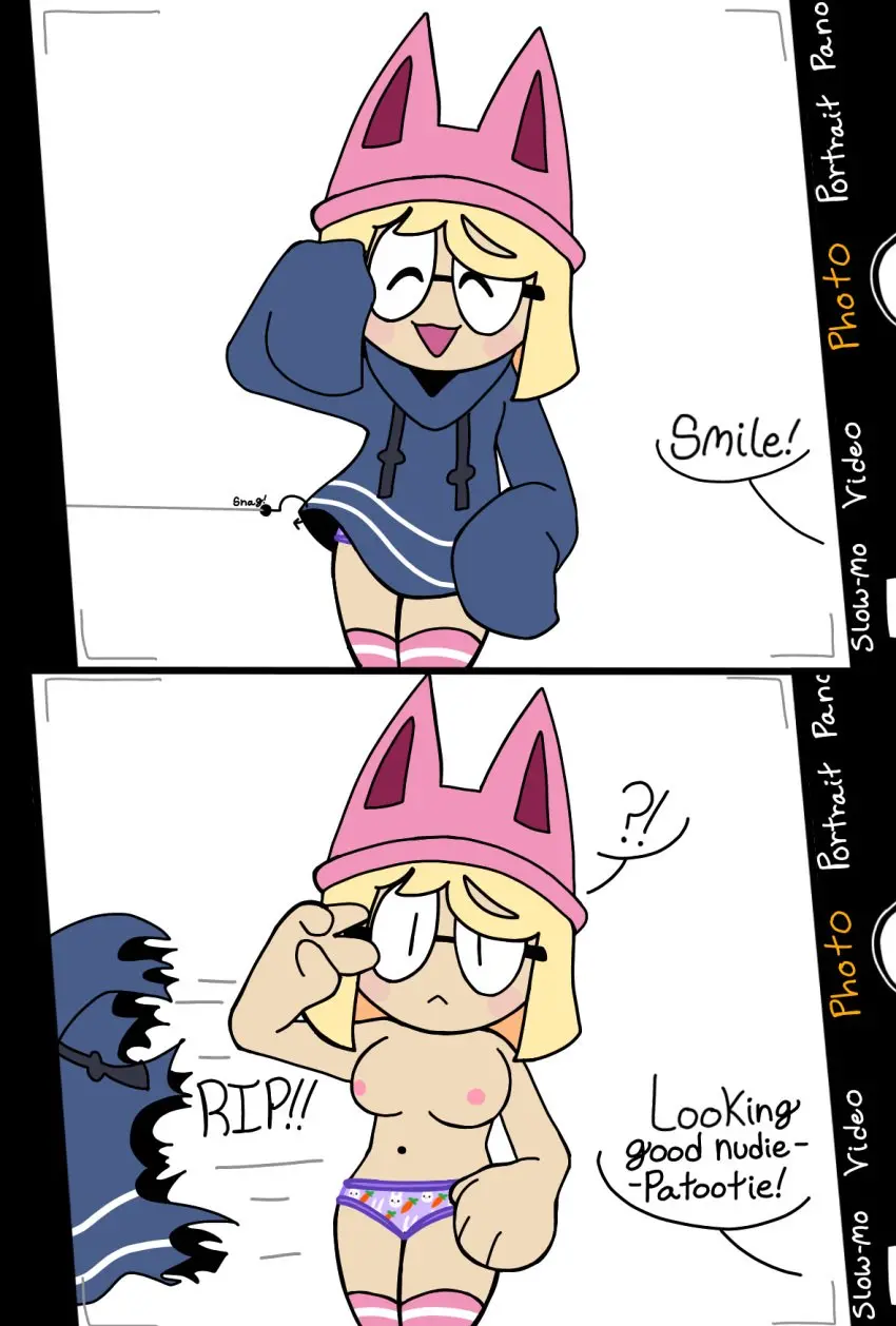 Image blush,breasts,female,nipples,boobs,panties,tits,hat,embarrassed,glasses,blonde_hair,torn_clothes,hoodie,wardrobe_malfunction,torn_clothing,ripped_clothing,embarrassed_nude_female,blonde,assisted_exposure,enf,kakaswbehdu