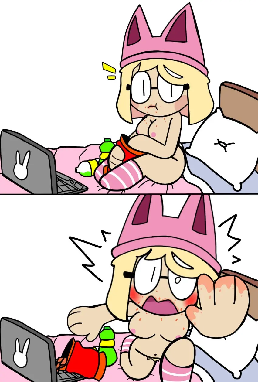 Image blush,breasts,female,nude,boobs,tits,hat,embarrassed,glasses,nude_female,blonde_hair,naked,bed,pubic_hair,naked_female,casual_nudity,eating,embarrassed_nude_female,blonde,enf,slob,kakaswbehdu,cheeto_dust,cheetos