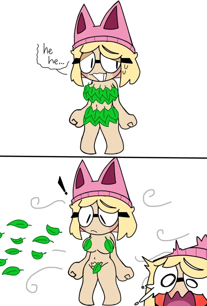 Image blush,female,nude,hat,embarrassed,glasses,nude_female,blonde_hair,naked,pubic_hair,naked_female,leaves,embarrassed_nude_female,leaf,blonde,enf,leaf_on_crotch,kakaswbehdu,leaf_clothing,leaf_on_breast