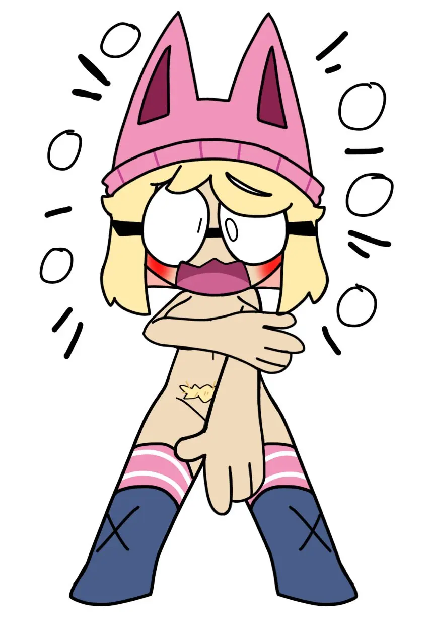 Image blush,breasts,female,nude,hat,embarrassed,glasses,nude_female,blonde_hair,naked,pubic_hair,naked_female,covering,covering_breasts,covering_crotch,embarrassed_nude_female,blonde,enf,kakaswbehdu