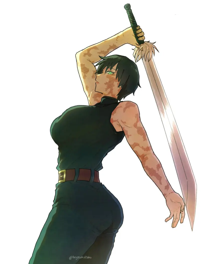 Image 1girls,female,looking_at_viewer,short_hair,green_eyes,expressionless,sleeveless,belt,eye_contact,scar,scars,holding_weapon,fully_clothed,jujutsu_kaisen,sword,zenin_maki,sleeveless_turtleneck,belt_buckle,holding_sword,scars_all_over,burn_scar,burns,scarred,heyzumntabs