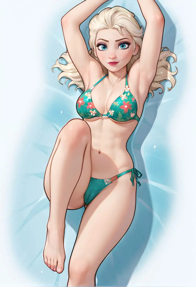 Image female,white_hair,bikini,panties,ass,disney,beach,ai_generated,cameltoe,disney_princess,princess,elsa_(frozen),frozen_(film)