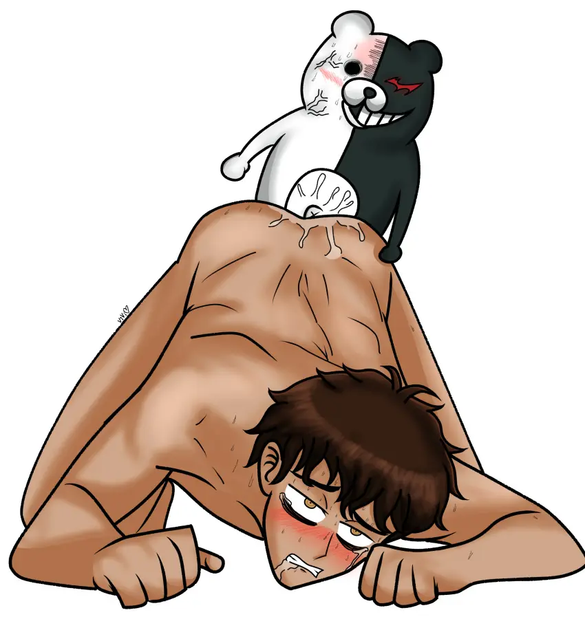Image blush,1boy,male,male_only,skinny,submissive_male,non-human,danganronpa,tan-skinned_male,amber_eyes,monokuma,valentine_j_ulises,ronaldo_rojas
