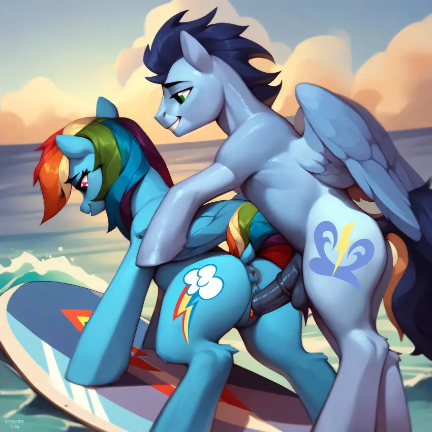 Image female,male,penis,pussy,doggy_style,ocean,sky,vagina,ai_generated,balls,anus,vaginal_penetration,cloud,my_little_pony,horsecock,rainbow_dash_(mlp),equine,pony,spread_wings,soarin_(mlp),surfboard,surfing