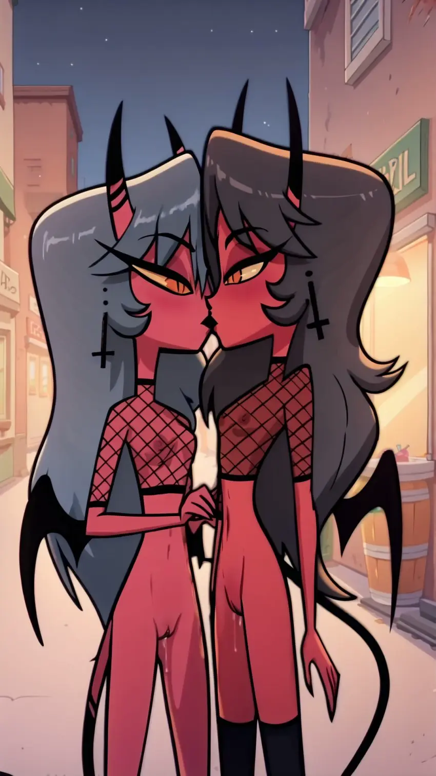 Image blush,breasts,female,grey_hair,2girls,navel,pussy,yellow_eyes,demon_tail,earrings,horns,ai_generated,wings,stable_diffusion,demon,pussy_juice,accurate_art_style,demon_girl,demon_horns,demon_wings,night,yuri,bottomless,alley,kissing,helluva_boss,red_body,cleft_of_venus,succubus,selfcest,demoness,succubus_horns,fishnet_shirt,succubus_tail,demons,succubus_wings,2demons,succubi,autismmix_pony(model),marusame,demon_girls,kiki_(helluva_boss)