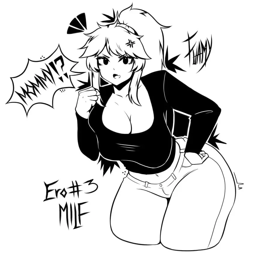Image 1girls,big_breasts,breasts,female,big_ass,ponytail,milf,tagme,black_and_white,big_thighs,speech_bubble,no_color,fuamyero
