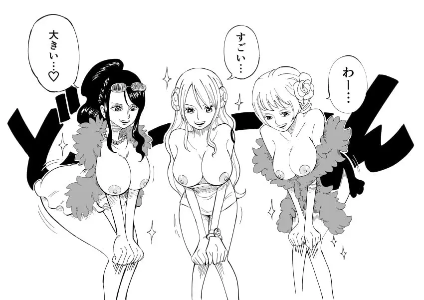 Image breasts,female,female_only,nipples,boobs,tits,one_piece,areola,areolae,nami_(one_piece),post-timeskip,dress,black_and_white,bent_over,dialogue,translated,japanese_text,greyscale,no_color,nico_robin,kalina,mazima_makoto22,one_piece_film_gold