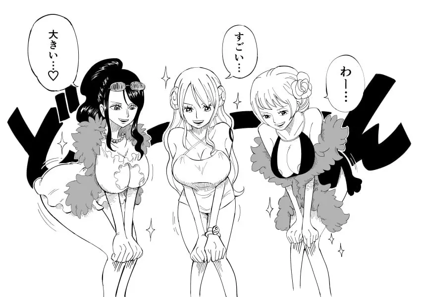 Image breasts,female,female_only,nipples,one_piece,areola,areolae,cleavage,nami_(one_piece),post-timeskip,dress,black_and_white,bent_over,dialogue,translated,japanese_text,greyscale,no_color,nico_robin,mazima_makoto22,one_piece_film_gold,carina_(one_piece)