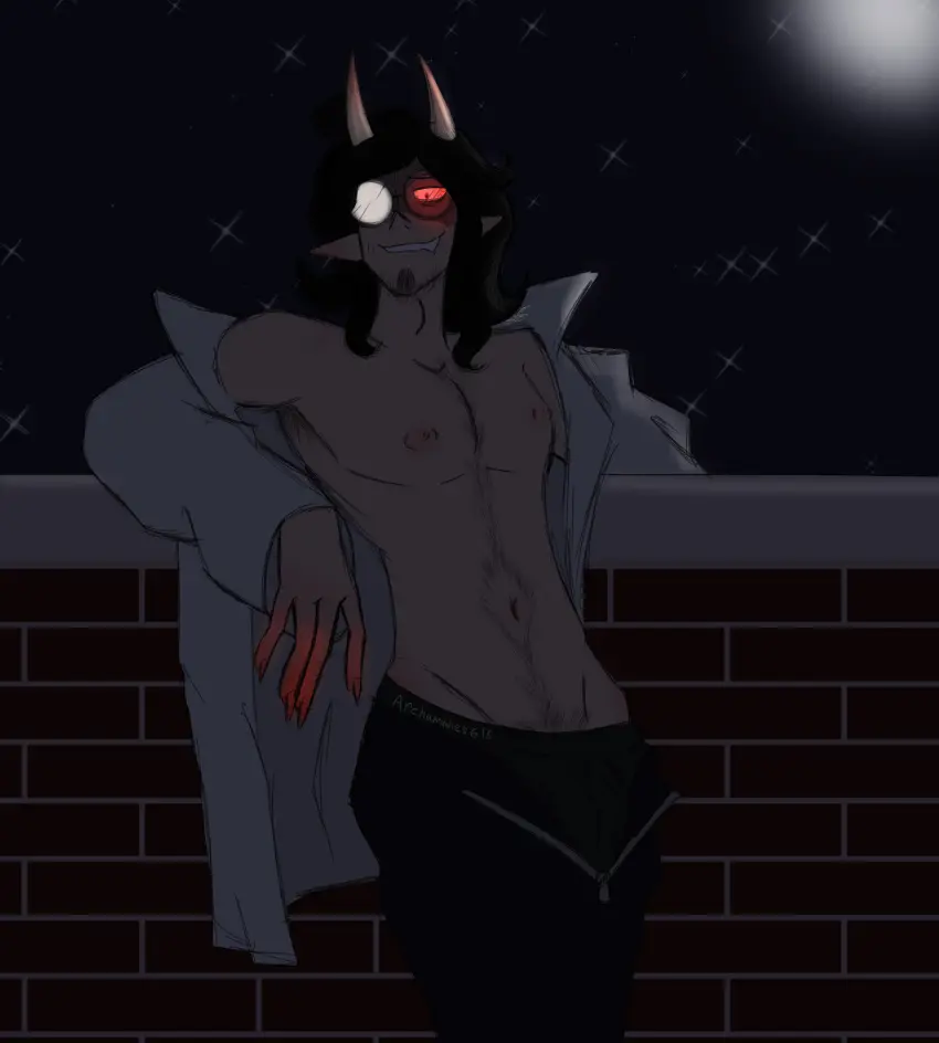 Image nipples,red_eyes,1boy,black_hair,male,curly_hair,watermark,horns,male_only,belly_button,demon,pointy_ears,sweatdrop,bulge,glowing_eyes,night,smirk,smirking_at_viewer,happy_trail,labcoat,facial_hair,clawed_fingers,armpit_hair,lab_coat,round_glasses,pelvic_line,unbuttoned_pants,wall_(structure),loose_clothes,zipper_down,pointy_nails,fang_out,adam_sampson,adams_apple,glowing_finger,shiny_glasses