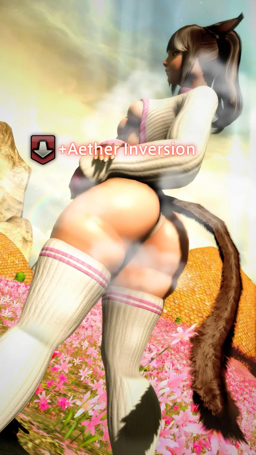 Image breasts,female,thighhighs,small_breasts,thick_thighs,embarrassed,brown_hair,ass_focus,final_fantasy_xiv,magic,ass_expansion,musk_clouds,miqo'te,gpose(ffxiv),debuff,tricked