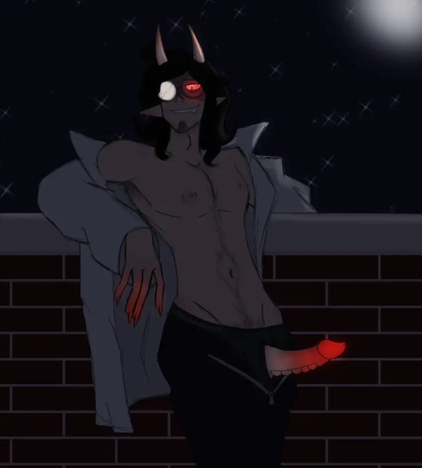 Image nipples,red_eyes,1boy,black_hair,male,penis,curly_hair,erection,watermark,horns,male_only,belly_button,demon,pointy_ears,sweatdrop,bulge,glowing_eyes,night,public,skinny,monster_cock,erect_penis,smirk,smirking_at_viewer,happy_trail,labcoat,facial_hair,clawed_fingers,armpit_hair,lab_coat,round_glasses,cock_out,boxers_(clothing),public_exposure,pelvic_line,unbuttoned_pants,wall_(structure),loose_clothes,glowing_penis,zipper_down,pointy_nails,fang_out,non-human_penis,adam_sampson,adams_apple,glowing_finger,shiny_glasses,cock_out_of_underwear,demon_penis,glowing_genitals,glowing_penis_tip,textured_penis