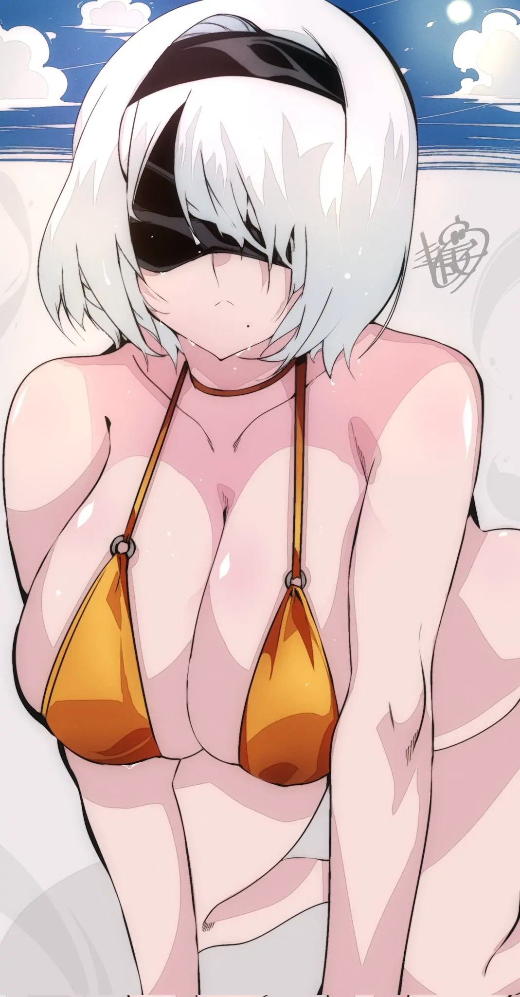 Image 1girls,breasts,female,female_only,large_breasts,light-skinned_female,light_skin,solo,white_hair,bikini,thighs,swimsuit,blindfold,omochi_db,nier:_automata,yorha_2b