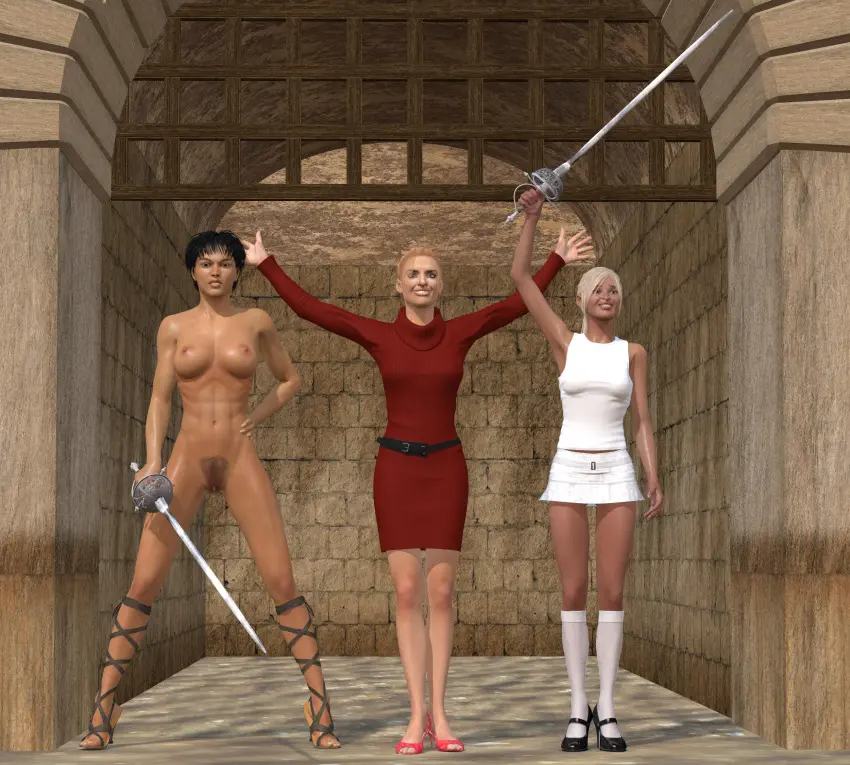 Image female,female_only,black_hair,nude,short_hair,nude_female,blonde_hair,original,3d,clothed_female_nude_female,3girls,weapon,sword,cb1964