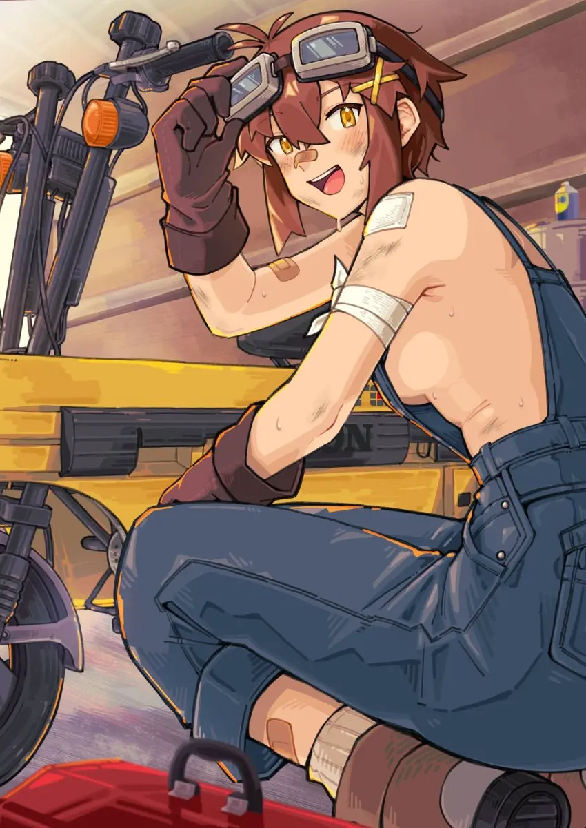 Image 1girls,breasts,clothed,female,female_only,looking_at_viewer,no_bra,smile,solo,gloves,short_hair,sweat,yellow_eyes,female_focus,kneeling,smiling_at_viewer,clothed_female,happy,happy_female,overalls,sideboob,solo_focus,tagme,brown_hair,dirty,sweaty_body,brown_fur,tomboy,bandage,goggles,goggles_on_head,looking_back_at_viewer,bike,unaware,mechanic,oblivious,goggles_on_forehead,crouched,kokuya28,kokuya_(kokuya28),dirt_on_face,toolbox