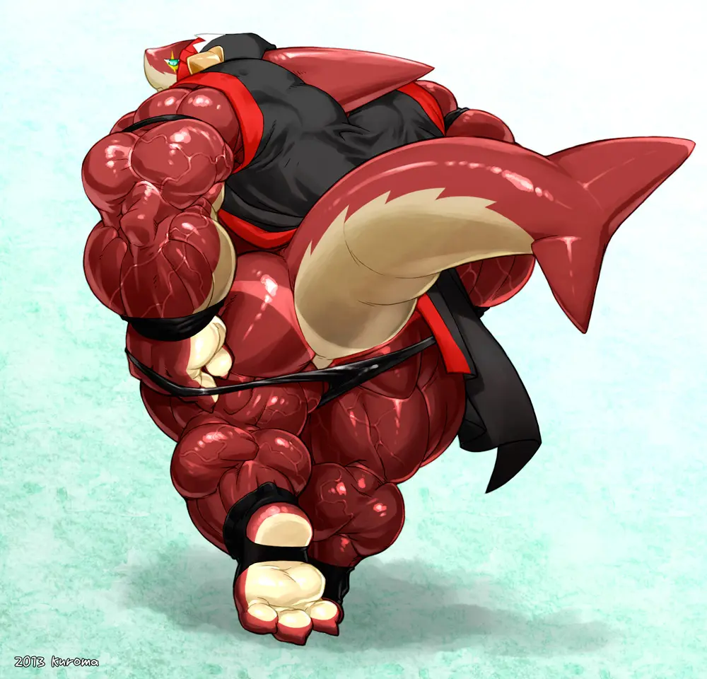 Image looking_at_viewer,male,tail,ass,looking_back,thick_thighs,thighs,veins,muscular,muscular_male,feet,male_only,anthro,tan_lines,rear_view,partially_clothed,fin,shark,male_focus,solo_male,big_muscles,toes,hyper,muscles,3_toes,thick_tail,veiny_muscles,hyper_muscles,vascular,kuroma,ankle_wraps,carne_(kuroma)