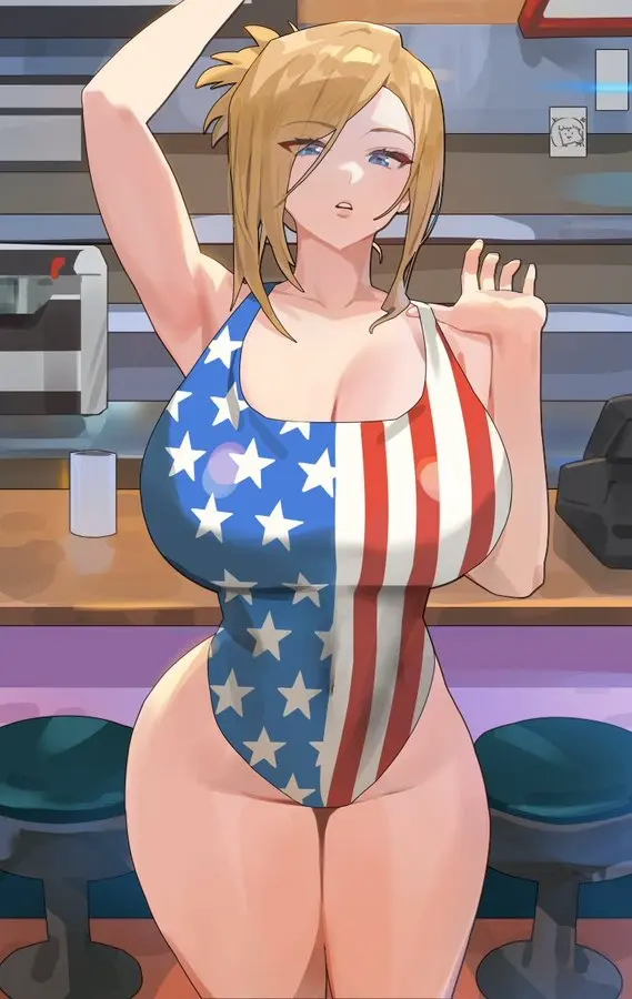 Image 1girls,female,bangs,thick_thighs,hair_over_one_eye,tagme,blonde_hair,thick,one-piece_swimsuit,swimsuit,character_request,curvy,commission,bangs_over_one_eye,american_flag_bikini,blonde,hood_x_art,updo