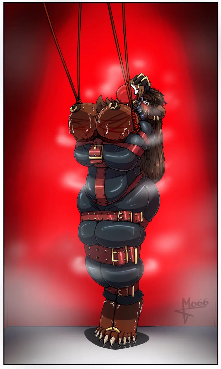 Image blush,hi_res,sweat,slightly_chubby,bodily_fluids,mammal,latex,belt,bondage,steam,bear,breath,suspension,annoyed,markings,ball_gag,bound,gag,gagged,restraints,panting,sack,suspension_bondage,whip_mark,straitjacket,bound_toes,nose_hook,big_(disambiguation),annoyed_look,masterzoroark666,nose_pull,tight_bondage,toe_bonds,welt