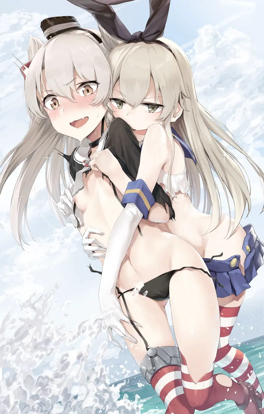 Image breasts,female,female_only,grey_hair,highres,long_hair,nipples,open_mouth,absurdres,animal_ears,elbow_gloves,gloves,navel,thighhighs,yellow_eyes,panties,tongue,underwear,small_breasts,ocean,blonde_hair,school_uniform,socks,rabbit_ears,black_panties,skirt,yuri,white_gloves,pleated_skirt,serafuku,puffy_nipples,torn_clothes,blue_skirt,microskirt,string_panties,kantai_collection,hug,two_side_up,sailor_collar,kneehighs,striped_clothes,hug_from_behind,striped_thighhighs,white_sailor_collar,waves,string_bra,shimakaze_(kantai_collection),suzuki_(68914435),amatsukaze_(kantai_collection),brown_serafuku,lifebuoy_ornament