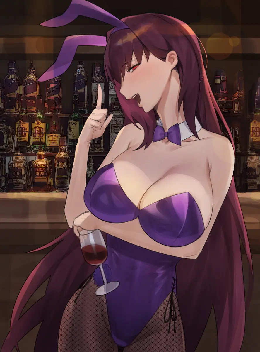 Image 1girls,female,female_only,light-skinned_female,red_eyes,solo,cleavage,tagme,purple_hair,detached_collar,tight_clothing,revealing_clothes,bunnysuit,fishnets,leotard,fate_(series),pantyhose,bowtie,alcohol,fate/grand_order,shiny_clothes,scathach_(fate),hood_x_art