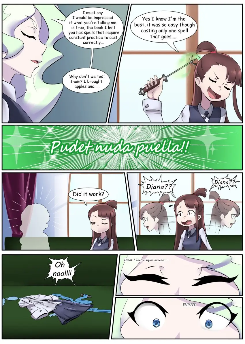 Image clothes,closed_eyes,comic,surprised,surprise,book,spell,teleportation,discarded_clothing,wand,little_witch_academia,realization,akko_kagari,diana_cavendish,amaredeimus