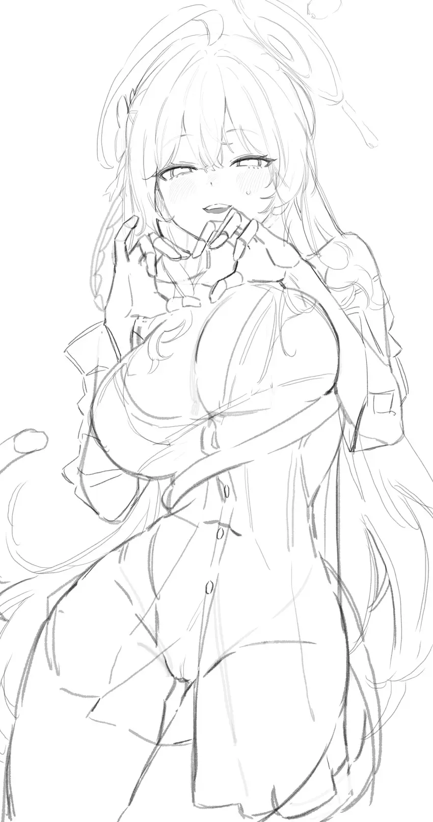 Image 1girls,big_breasts,blush,breasts,female,looking_at_viewer,pussy,blue_archive,tagme,sweatdrop,black_and_white,sketch,heart_symbol,no_color,hanako_(blue_archive),freng