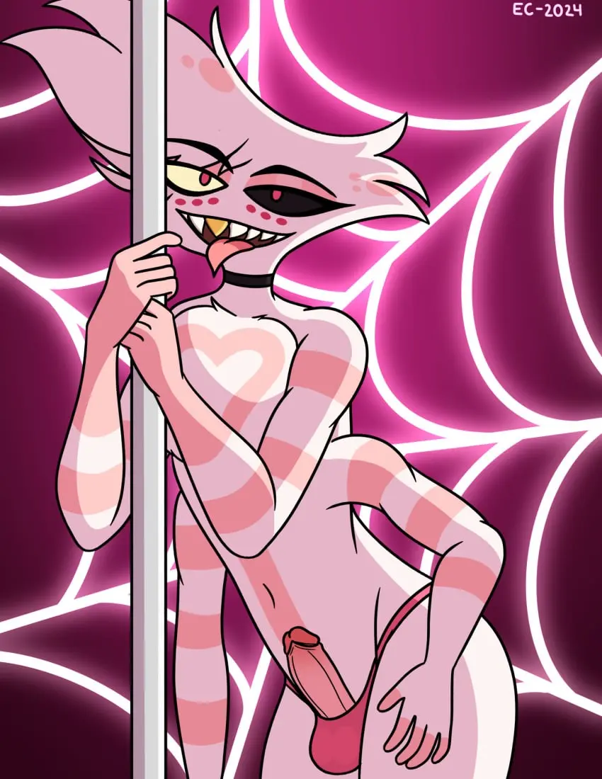 Image clothing,hi_res,looking_at_viewer,solo,male,penis,tongue_out,choker,tongue,femboy,male_only,gold_(metal),jewelry,balls,anthro,demon,necklace,genitals,arthropod,male_focus,hazbin_hotel,tuft,pink_body,bottomwear,pink_clothing,stripper_pole,chest_tuft,angel_dust_(hazbin_hotel),pole,angel_dust,arachnid,gold_tooth,spider,enlightenedcat,pink_bottomwear,balls_in_clothing