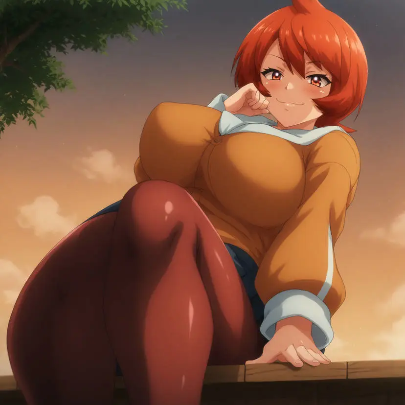 Image big_breasts,blush,breasts,female,female_only,hi_res,highres,long_sleeves,red_eyes,smile,solo,pokemon,short_hair,red_hair,ai_generated,stable_diffusion,sitting,busty,curvy,nintendo,outdoors,from_below,outside,tree,smirk,sweater,leggings,facing_viewer,clouds,game_freak,sunset,pokemon_(game),creatures_(company),tights,pokemon_trainer,arezu_(pokemon),pokemon_legends:_arceus,orange_sweater,seraphim_ai,pony_diffusion_xl,one_leg_raised,red_leggings