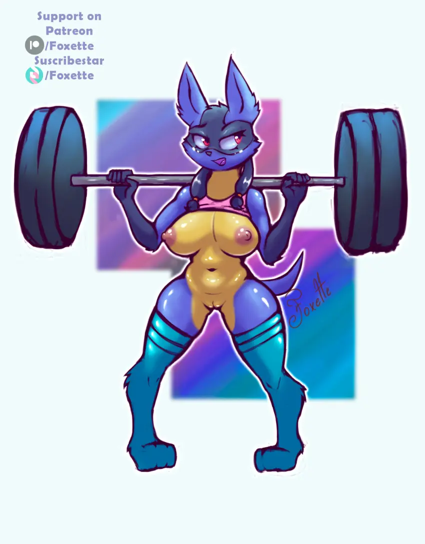 Image breasts,clothing,female,hi_res,nipples,shirt,smile,solo,navel,pokemon,pokemon_(species),pussy,tail,ass,humanoid,gym,belly,anthro,stockings,nintendo,genitals,mammal,legwear,anthro_only,topwear,lucario,foxette