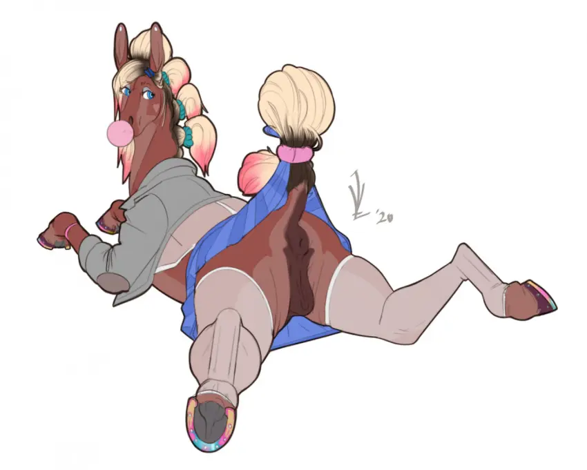Image clothed,clothing,female,solo,pussy,ass,looking_back,ponytail,hair,stockings,school_uniform,presenting,genitals,mammal,partially_clothed,legwear,presenting_hindquarters,animal_genitalia,uniform,feral,presenting_pussy,animal_pussy,equine_genitalia,equine_pussy,equid,equine,horse,anatomically_correct,anatomically_correct_genitalia,anatomically_correct_pussy,highlights_(coloring),upskirt,alternative_fashion,gyaru,horseshoe,bubble_gum,j-fashion,blowing_bubble_gum,lavasi,scrunchy