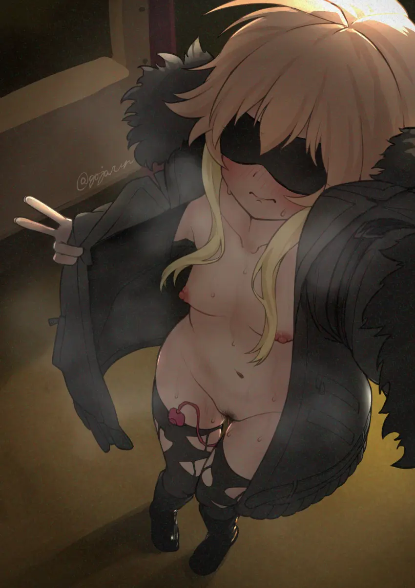 Image blush,breasts,female,highres,long_hair,nipples,open_clothes,solo,navel,thighhighs,small_breasts,blonde_hair,pubic_hair,public,sex_toy,fur_trim,idolmaster,idolmaster_cinderella_girls,jacket,selfie,female_pubic_hair,boots,blindfold,paid_reward_available,v,open_jacket,vibrator,black_thighhighs,groin,variant_set,exhibitionism,public_indecency,fur-trimmed_jacket,vibrator_in_thighhighs,gojarun,ninomiya_asuka
