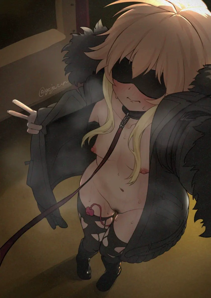 Image blush,breasts,female,highres,long_hair,nipples,open_clothes,solo,navel,thighhighs,small_breasts,blonde_hair,pubic_hair,public,collar,sex_toy,fur_trim,idolmaster,idolmaster_cinderella_girls,jacket,selfie,female_pubic_hair,leash,boots,blindfold,paid_reward_available,v,open_jacket,vibrator,black_thighhighs,groin,variant_set,exhibitionism,public_indecency,fur-trimmed_jacket,vibrator_in_thighhighs,gojarun,ninomiya_asuka
