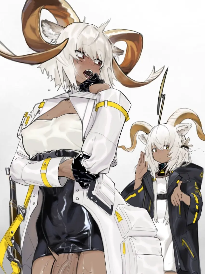Image 1girls,breasts,clothed,clothing,female,highres,long_sleeves,mostly_clothed,open_clothes,open_mouth,red_eyes,shirt,simple_background,standing,white_background,white_hair,animal_ears,multiple_girls,penis,tongue_out,yellow_eyes,tongue,looking_back,1futa,erection,futanari,humanoid,humanoid_penis,intersex,veins,dark_skin,arknights,horns,covered_nipples,huge_cock,veiny_penis,kemonomimi,dress,dark-skinned_female,white_dress,skirt,white_shirt,dark-skinned_futa,open_coat,goat_horns,black_skirt,black-framed_eyewear,coat,goat_ears,goat_girl,black_coat,carnelian_(arknights),white_coat,beeswax_(arknights),hitobashira_(1746164306),victim_alice
