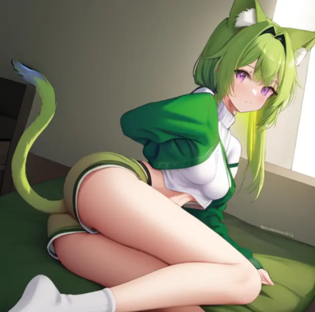 Image breasts,clothed,clothing,female,female_only,small_breasts,white_skin,cat_ears,catgirl,ai_generated,original,original_character,cat_tail,green_hair,oc,laying_down,medium_ass,medium_thighs