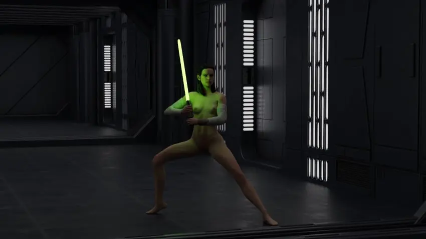 Image female,human,completely_nude,pale_skin,weapon,star_wars,casual,rey,lightsaber,action_pose