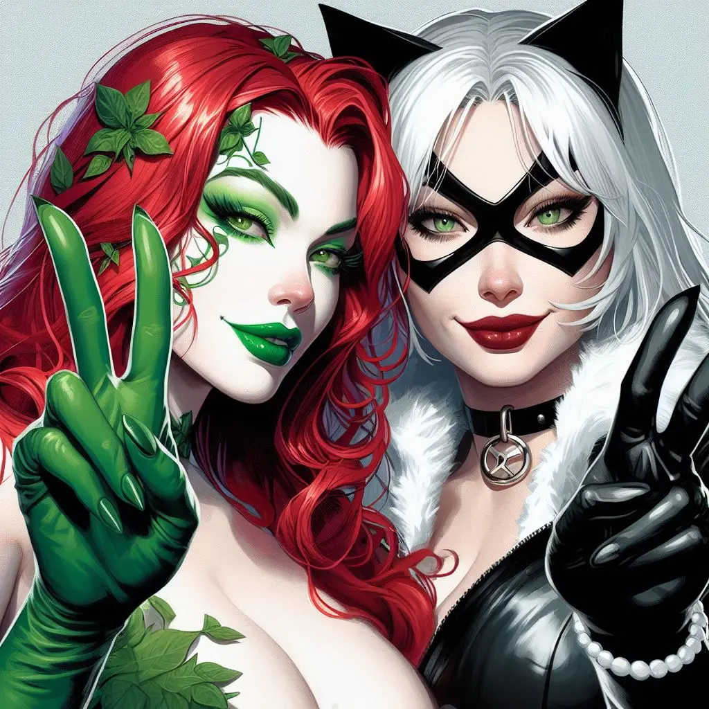 Image breasts,female,female_only,large_breasts,long_hair,looking_at_viewer,smile,white_hair,2girls,elbow_gloves,red_hair,ai_generated,cleavage,eyelashes,cleavage_overflow,green_eyes,makeup,lipstick,dc,dc_comics,v,marvel,marvel_comics,mask,peace_sign,v_sign,pamela_isley,poison_ivy,black_cat_(marvel),felicia_hardy