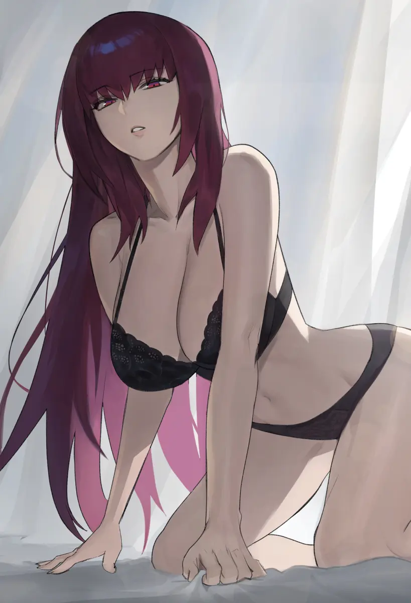 Image 1girls,female,female_only,light-skinned_female,light_skin,red_eyes,shiny_skin,solo,bra,panties,underwear,thighs,bare_thighs,cleavage,tagme,half-closed_eyes,purple_hair,stomach,fate_(series),bare_legs,fate/grand_order,scathach_(fate),staring_at_viewer,hood_x_art