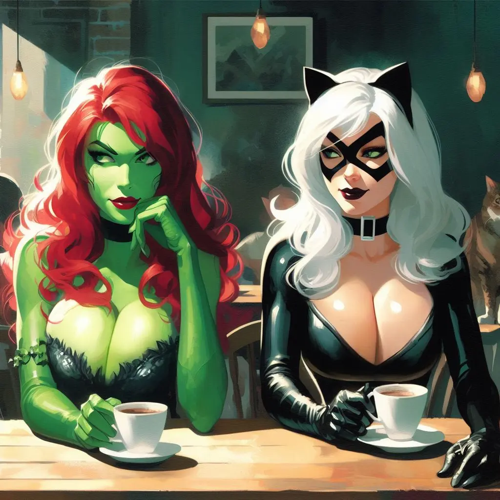 Image big_breasts,breasts,female,female_only,large_breasts,white_hair,2girls,red_hair,ai_generated,cleavage,cleavage_overflow,dc,dc_comics,marvel,marvel_comics,pamela_isley,poison_ivy,black_cat_(marvel),felicia_hardy