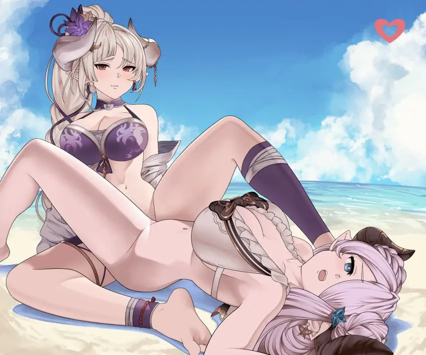 Image breasts,female,grey_hair,hair_ornament,highres,large_breasts,long_hair,looking_at_viewer,red_eyes,smile,blue_eyes,navel,bikini,hair_over_one_eye,beach,horns,ocean,sky,cleavage,swimsuit,pointy_ears,cloud,double_bun,braid,outdoors,yuri,white_bikini,official_alternate_costume,flower,hair_flower,lesbian_sex,commission,tribadism,hair_bun,blue_sky,purple_bikini,granblue_fantasy,braided_ponytail,frilled_bikini,frills,draph,narmaya_(granblue_fantasy),official_alternate_hairstyle,asymmetrical_legwear,purple_flower,iiros,azusa_(granblue_fantasy),azusa_(summer)_(granblue_fantasy),uneven_legwear,narmaya_(summer)_(granblue_fantasy)