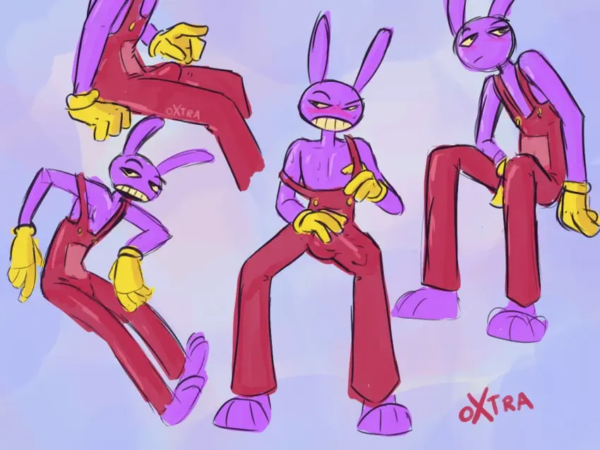 Image blush,clothed,clothing,simple_background,smile,solo,gloves,male,penis,sweat,yellow_eyes,humanoid,feet,male_only,eyebrows,grin,overalls,teeth,anthro,purple_skin,slim,pose,sweatdrop,bulge,penis_outline,topless,bodily_fluids,mammal,frown,skinny,purple_body,solo_male,4_fingers,fingers,genital_outline,long_ears,handwear,lagomorph,leporid,rabbit,detailed_bulge,red_clothing,yellow_clothing,yellow_gloves,yellow_handwear,jax_(the_amazing_digital_circus),the_amazing_digital_circus,big_mouth_(anatomy),glitch_productions,slim_male,yellow_teeth,shoeless,slim_anthro,oxtra,red_overalls